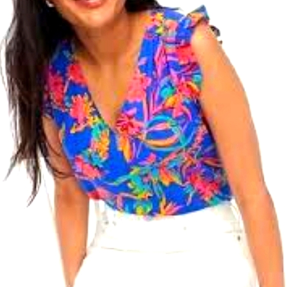 J. Crew Sleeveless Ruffle Top Size 3X Floral V-Neck Popover Spring Blouse NEW - Picture 1 of 13